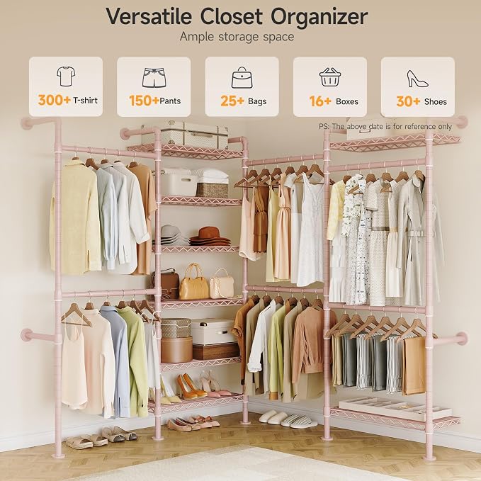 ONBRILL L4 Wall Mounted Industrial Pipe Clothing Rack, Closet Organizer System with 6 Hanging Clothes Rods ( 4 Expandable Rods) & 8 Shelves, Heavy Duty Corner Garment Rack, Large Wardrobe - Pink