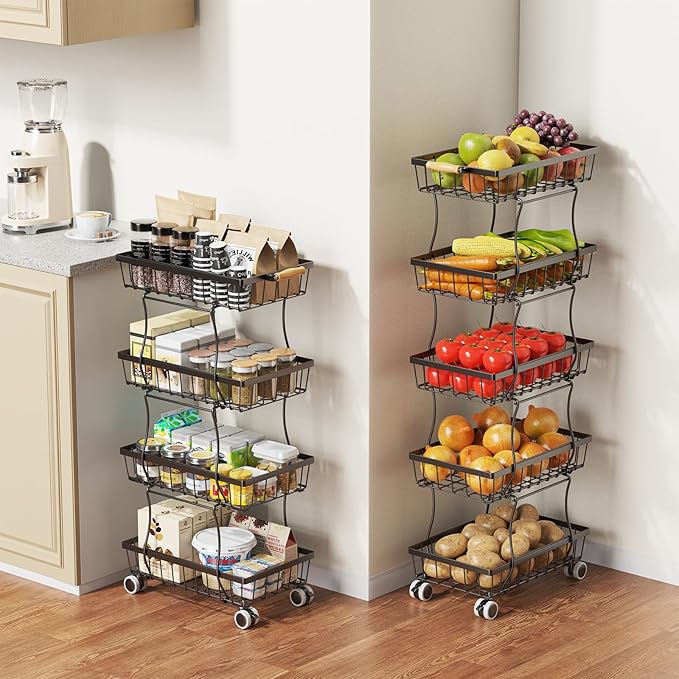 CHLORYARD 5 Tier Slim Fruit Basket for Kitchen, Stackable Wire Fruit Vegetable Storage Baskets Organizer Stand on Wheels, Metal Produce Basket Potato Onion Storage Bins Rack for Pantry, Black