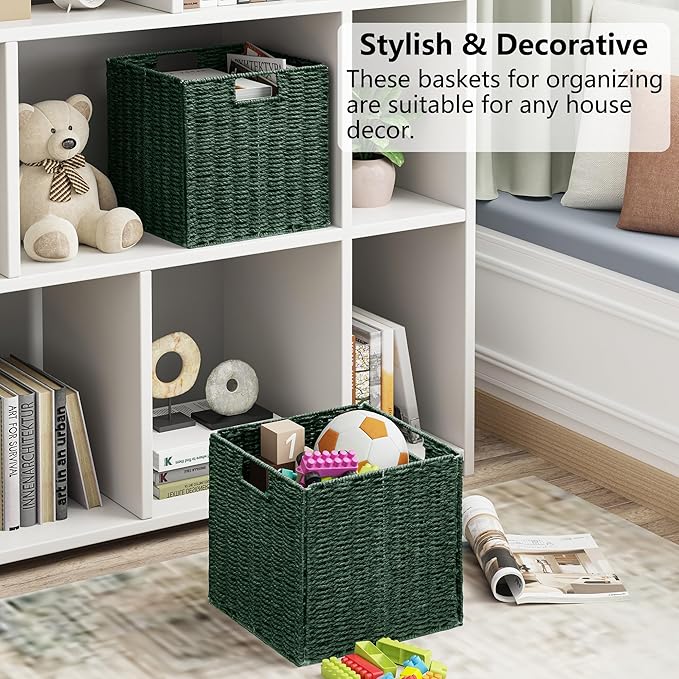 Vagusicc Wicker Storage Basket, Set of 2 Hand-Woven Paper Rope Wicker Basket, Foldable Cube Storage Bins, Square Large Storage Baskets for Organizing Shelves & Decor, Orange (13″×13″×13″)