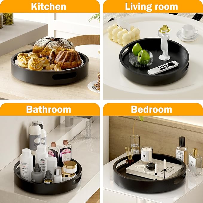 Lazy Susan Organizer Homerays 13 Inch Non-Skid Bamboo Lazy Susan for Kitchen Rotating Spice Rack with Handles, Wood Turntable for Kitchen Cabinet,Countertop (Black, Large)