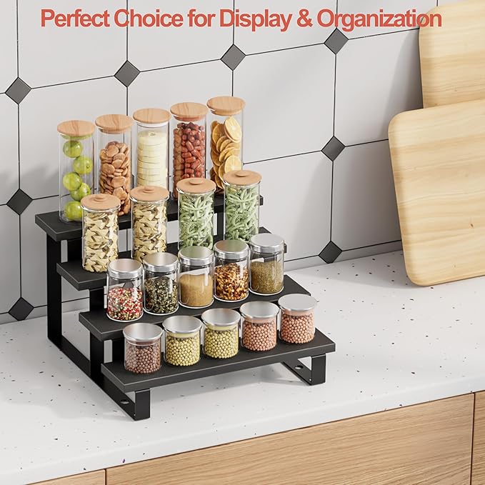 Boulphia 2 Set Black Cologne Organizer for Men, 12 Inch Cologne Stand 4 Tier Perfume Organizer for Dresser, Versatile Step Display Stand Shelf for Fragrance, Skincare, Figurine, Dessert (Wood & Metal)