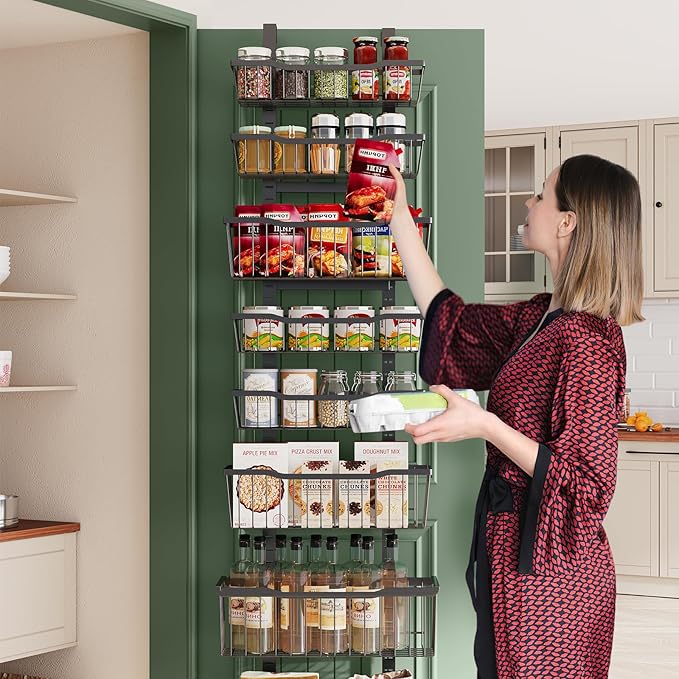 Eastherry Over The Door Organizer,8-Tier Over The Door Pantry Organizer with Adjustable Baskets,Metal Hanging Pantry Organizers and Storage for Kitchen, Back of Door Seasoning Rack (Black)