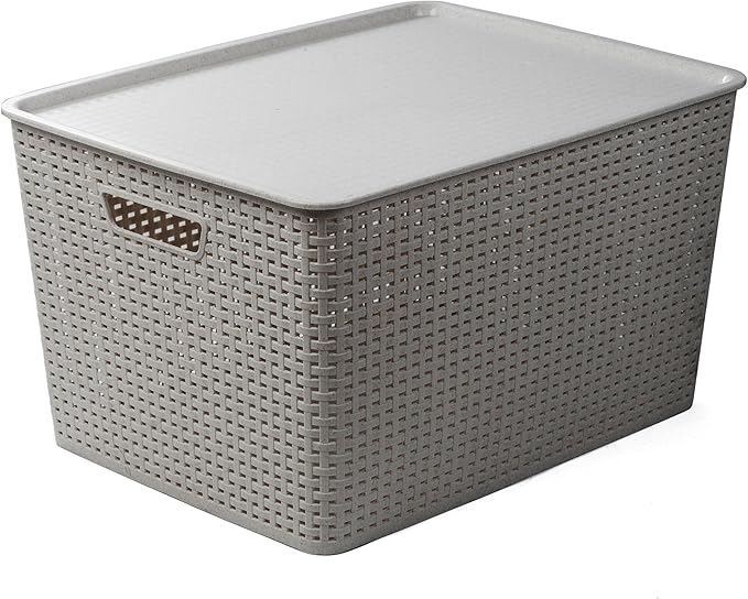 BINO | Plastic Storage Baskets with Lids, 45 Liter - 3 Pack, Natural Grey | THE WOVEN COLLECTION | Storage Basket for Shelves | Woven Storage Baskets for Organizing Bins | Pantry Shelf Organizer Bin
