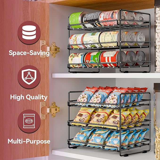 SUFAUY 3 Tier Can Organizer for Pantry, Holds 36 Cans, Heavy Duty Metal Shelves for Storage, Black