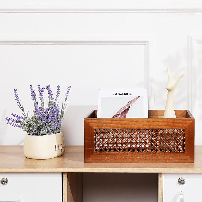 Wooden Storage Basket Set of 2 Handmade Rattan Drawer Storage Box with Frame & Handles Decorative Natural Bamboo Woven Bins Rustic Farmhouse Decor Home Office Tabletop Shelf Organizer