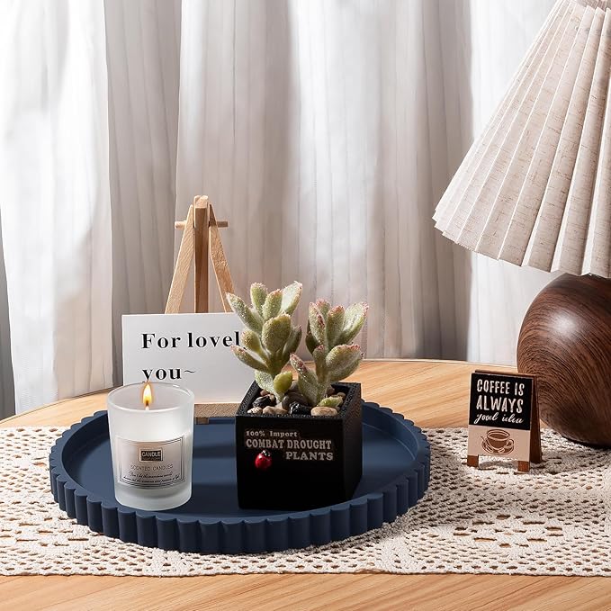 Round Bathroom Tray Silicone Kitchen Counter Decor Vanity Organizer Decorative Coffee Table Tray for Perfume, Candle, Soap Dish, 9 Inch, Dark Blue