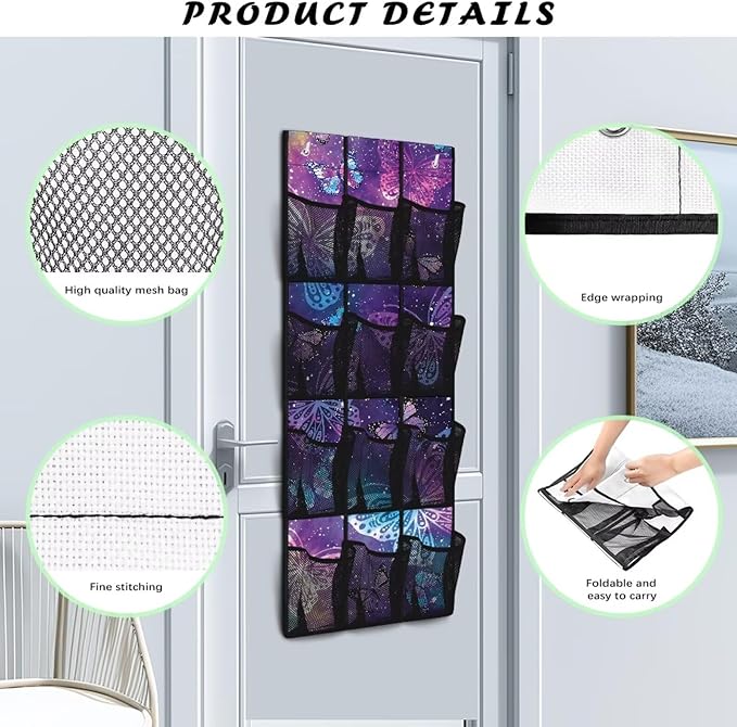 Blue Butterfly Over The Door Organizer, 12 Mesh Pockets Breathable Hanging Storage for Bedroom & Closet, Elegant Design for Scarves, Hats & Accessories