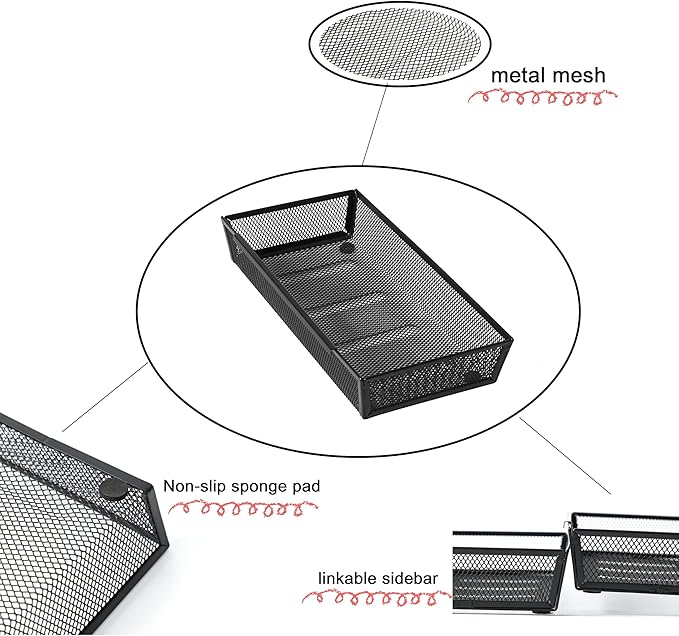 Mesh Tray Silverware Drawer Organizer, Utensil Cutlery Tray Office Supplies with Interlocking Arm Drawer Dividers Organizer for Flatware, Knives,Home,Office, School,Bedroom 12X6'' Black