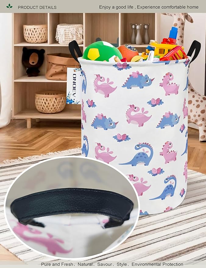 Round waterproof laundry basket,foldable storage basket,laundry Hampers with handle,gift basket,suitable for children's room and toy storage (Pink Dinosaur)