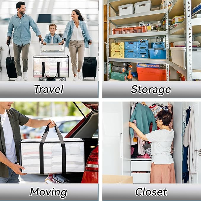 6 Pack Extra Large Heavy Duty Storage Bags, Waterproof Clear Storage Bins with Lids, Backpack Straps, Zippers & Handles, Moving Bags for Travel, Moving, College Dorm Storage