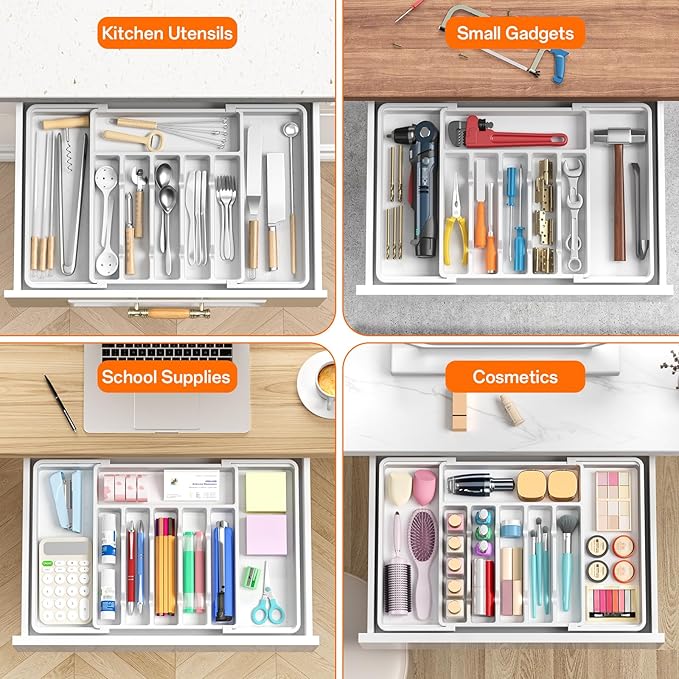 RoomHacks Large Silverware Organizer,Expandable Utensil Drawer Organizer,BPA Free Utensil Holder,Adjustable Silverware Tray Cutlery Drawer Organizer for Kitchen Flatware,Large,White (6-8 Slots)