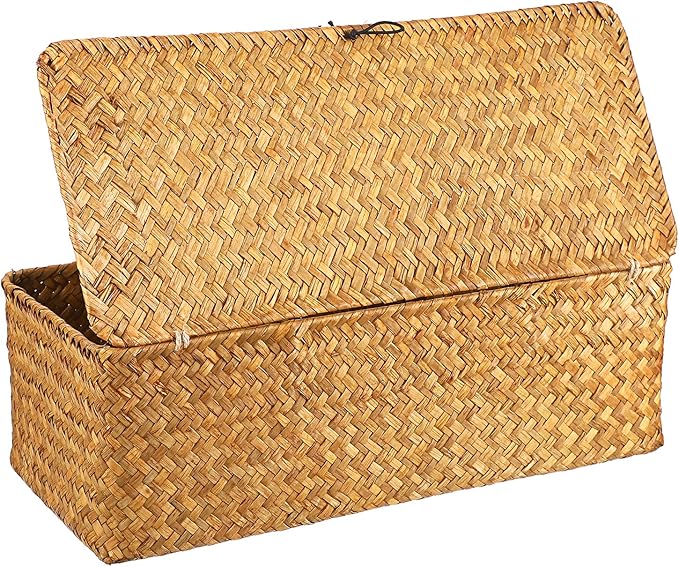 Hipiwe Seagrass Storage Basket Bin with Lid Rectangular Woven Shelf Baskets for Closets Pantry Bathroom Kitchen Shelf Organizing, Caramel,14.2" x 6.3''x 4.7''