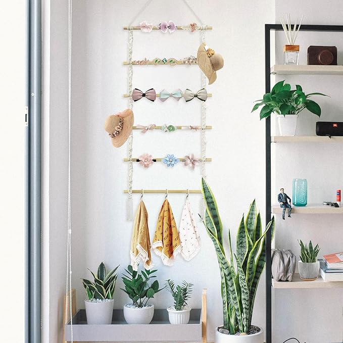 Macrame Claw Clip Organizer with Hooks, Hanging Hair Clip Holder and Storage for Women Girls, Wall, Door, Closet