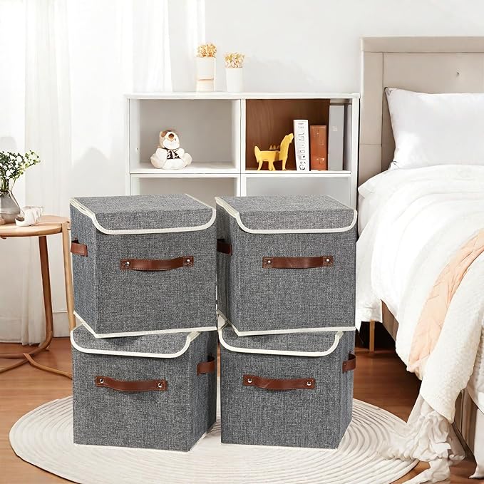 2PCS Storage Cubes with Lid Fabric Storage Bins Boxes PU Leather Handles Cotton Linen Closet Organizer Container Decorative Foldable Washable Shelf Cloth Basket (Flip-top Lid, Gray, 11in)