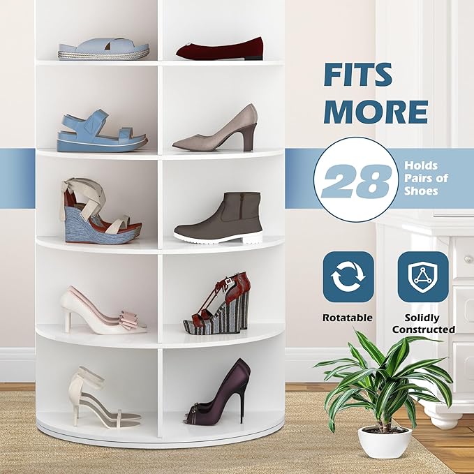 7-Tier Rotating Shoe Rack Tower - 360 Spinning Shoe Organizer, Vertical Lazy Susan, Closet Cabinet Rack for 28 Pairs of Shoes Bags Plants