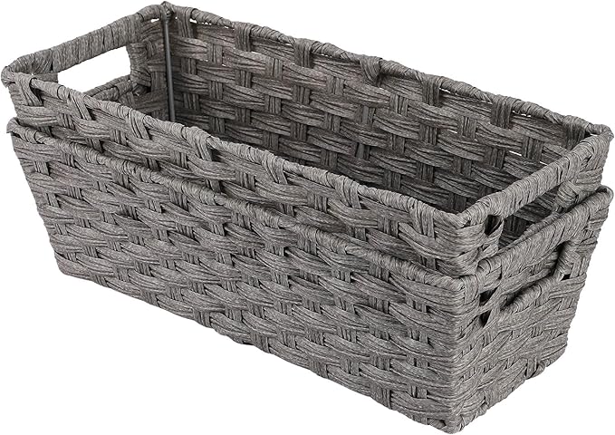 Wicker Storage Baskets for Bathroom, Toilet Tank, Decor - Woven Grey Baskets, 15¾" x 6¾" x 4¾", 2-Pack