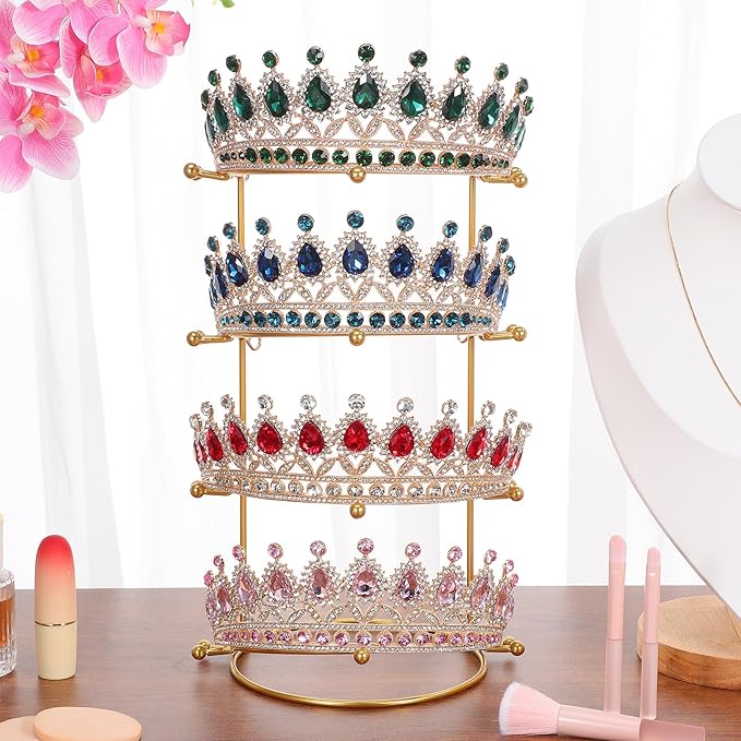 CALLARON Crown Display Stand, Jewelry Organizer Stand 4-Layer, Metal Necklace Display Holder, Vintage Headband Display, Gold Headdress Storage Rack Display for Crown Hairband Necklace Jewelry