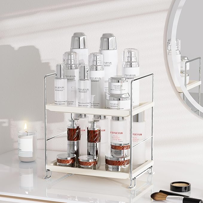 FSyueyun 2-Tier Bathroom Countertop Organizer, Tool-Less Installation Premium Plastics Makeup Shelf Organizer Perfume Skincare for Dresser Vanity Tray Organizers and Storage (Sliver)