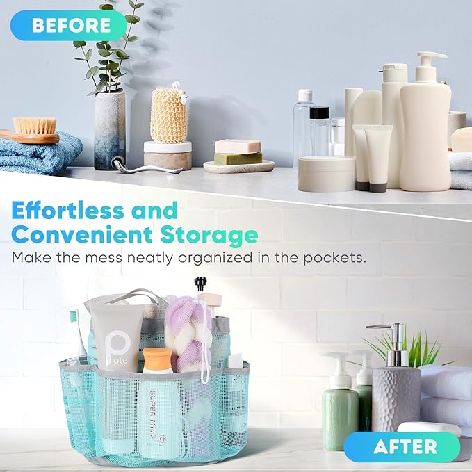 EUDELE Mesh Shower Caddy Portable, 8-Pocket Large Capacity, Quick Dry, Easy Clean, for Beach, Swimming, Gym, Travel