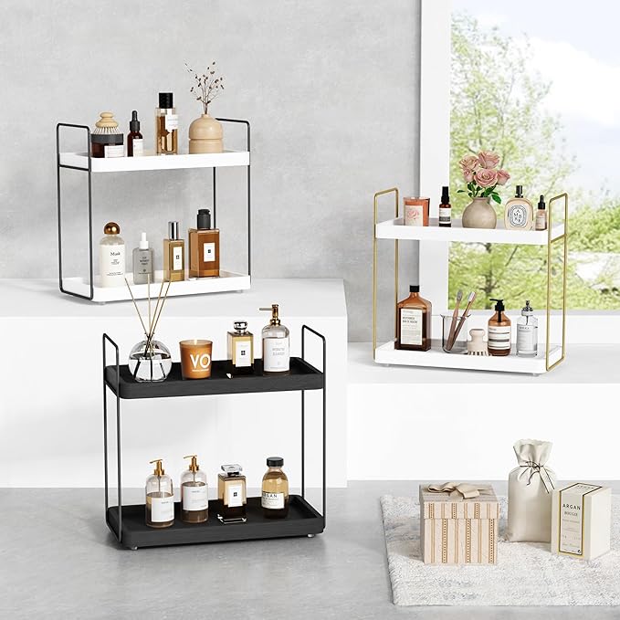 Forbena White and Gold Bathroom Counter Organizer, 2 Tier Makeup Vanity Organizer Countertop, Bathroom Sink Skincare Shelf Tray Organizers and Storage for Perfumes Lotions Kitchen Coffee Bar Decor