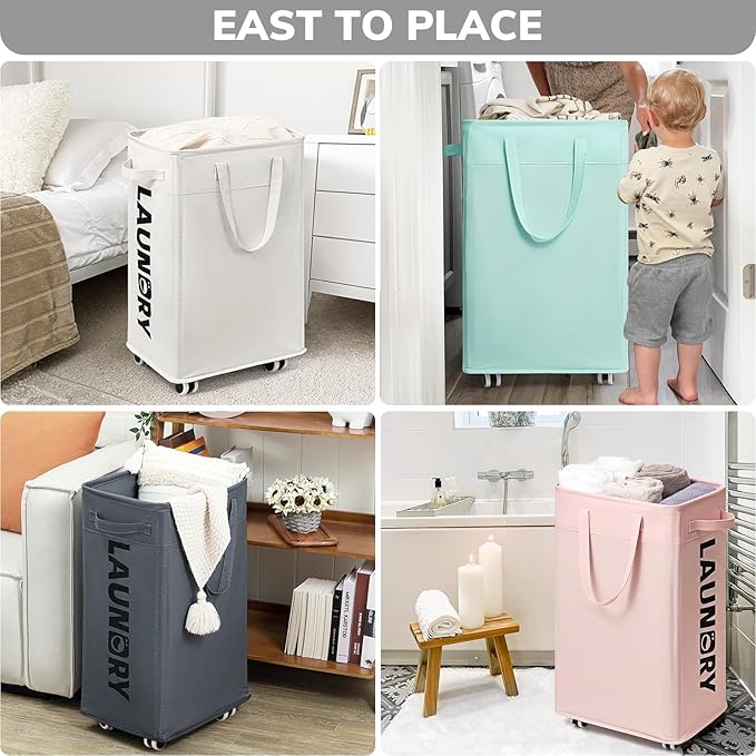 Goodpick Pink Laundry Basket with Wheels, Dorm Room Essentials for Girls, 75L Collapsible Laundry Basket, Laundry Hamper with Handle for College Dorm