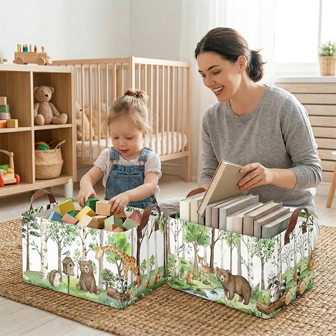 3 Pack Woodland Storage Baskets for Gifts Safari Animal Empty Large Collapsible Toy Storage Bins Box Woodland Canvas Baskets Organizer with Handles Nursery Decor Laundry Basket for Shelves Closet