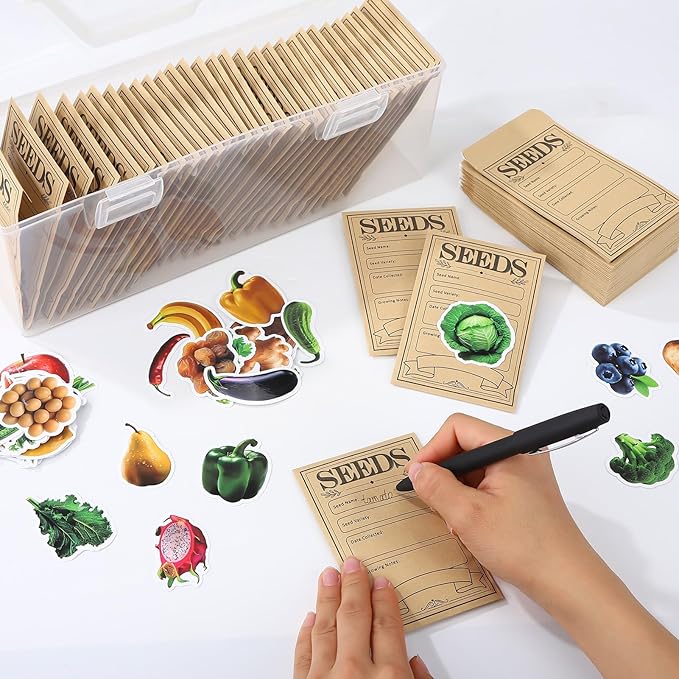 Plastic Clear Seed Storage Organizer Box with Handle, 1 Seed Saving Packet Container Box with 200 Envelopes and 50 Stickers for Plant Flower Vegetable Garden Lover Gifts