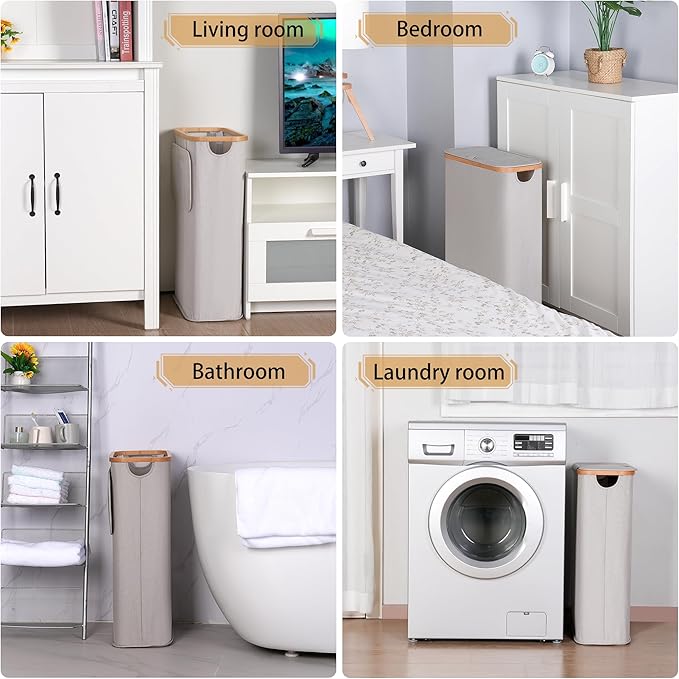 65L Slim Laundry Hamper, Narrow Laundry Basket with Lid,Foldable Clothes Hamper with Bamboo Handles,Hamper Basket with Removable Inner Bag for Laundry Room Bedroom College Dorm,17.17 Gals(Light Grey)