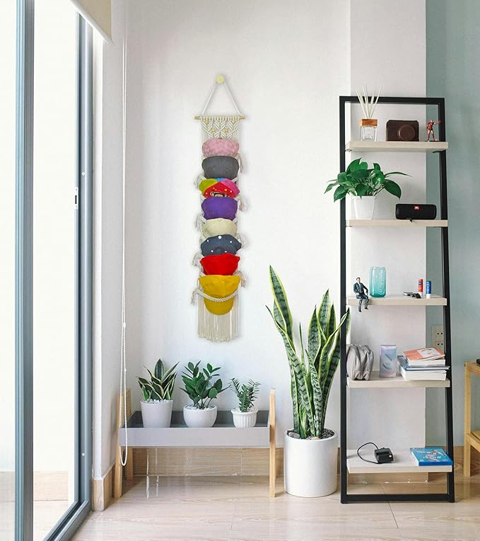2 Pack 8-Tier Macrame Baseball Cap Organizer With Boho Hooks—Handwoven Boho Cap Holder,Macrame Hat Hangers-Space Saving Wall Storage for Living Room, Bedroom, Entryway