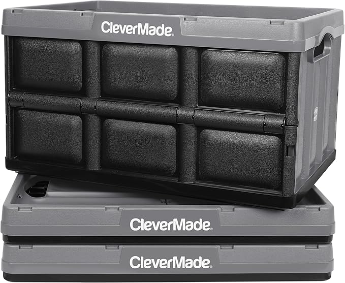 CleverMade Collapsible Storage Bins 46L (3-Pack) – Heavy Duty Collapsible Plastic Storage Bins, Stackable Folding Storage Bins for Car, Garage, Home Organization - Foldable Bins, Stone