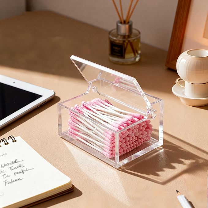 Clear Acrylic Qtip Holder with Lid, Cotton Balls Swab Organizer, 3.9" x 2.8" x 2" Dispenser for Makeup Pad, Floss Picks, Bath Salts, Cosmetic Storage Case, Home Bathroom Decor (DP051)