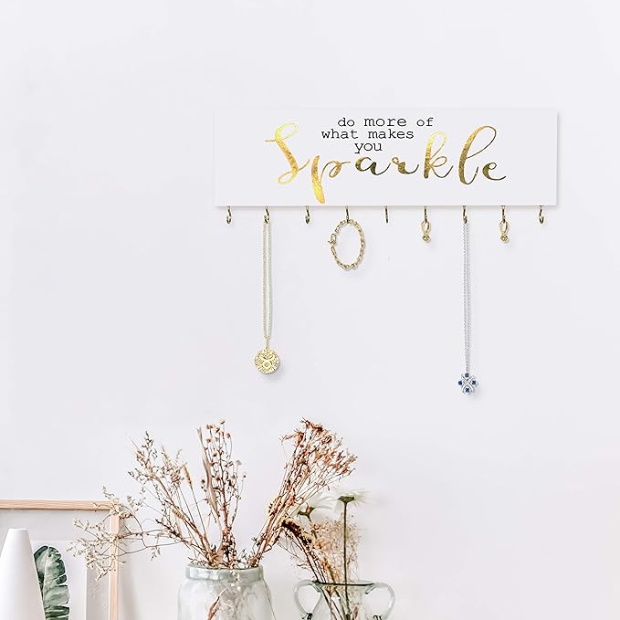 SANY DAYO HOME Do More of What Makes You Sparkle Wall Mount Necklace Holder Organizer with 9 Jewelry Hooks for Ring, Hair Bow, Headband, Purse - Wall Decor for Girls Room
