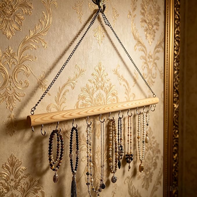 Hanging Jewelry Organizer with 36 Hooks - 15.7 Inch Hanging Wooden Display Rack for Necklaces, Bracelets, Earrings, Headbands - Space Saving Decor