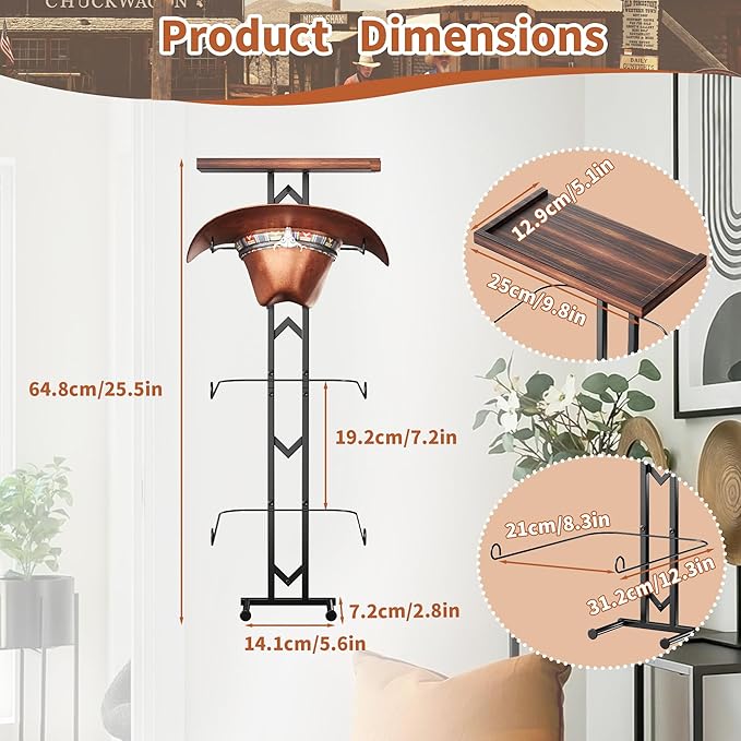 Cowboy Hat Rack for Wall, Hat Organizer for Baseball Caps, 3 Pieces Western Hats Hangers Holder with 2 Hooks, Rustic Wood Display Stand with Storage for Fedora,Sun Hats (Black)