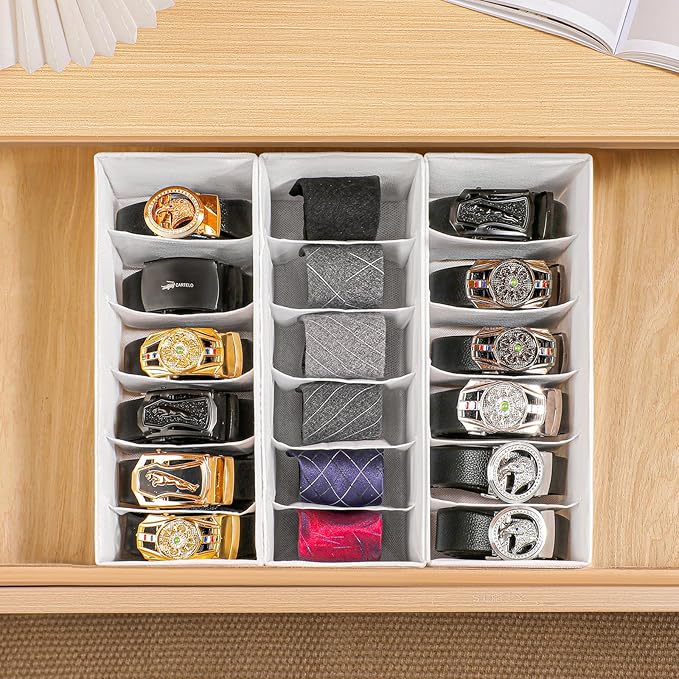 3 Packs Fabric Belt Organizer, 6 Grids Belt Organizer for Closet and Drawer, Foldable Dresser Drawer Organizers, Tie Holder -White