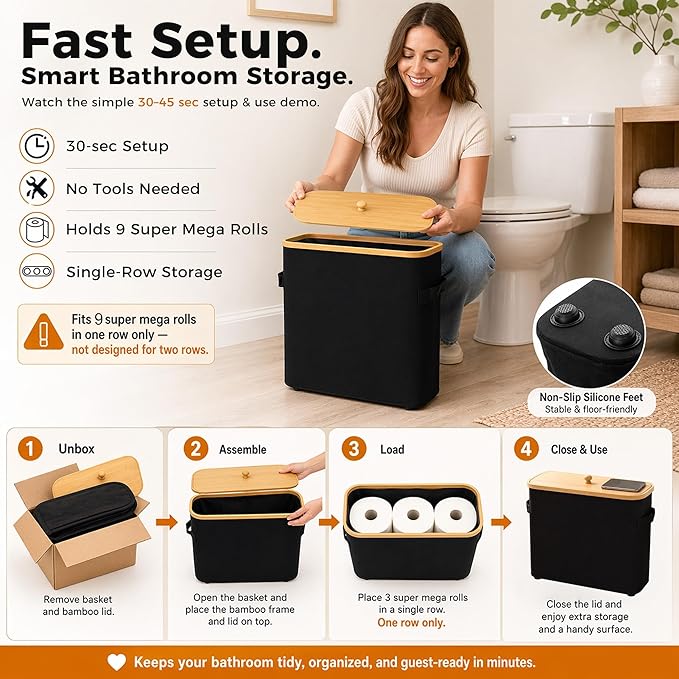 Premium Waterproof Toilet Paper Storage Box with Bamboo Lid - Fits 9 Mega Rolls, 900D Heavy-Duty Fabric Bathroom Organizer Bin with Elevated Base & Handles for Narrow Spaces (17.3"x 6.9"x 15.5")