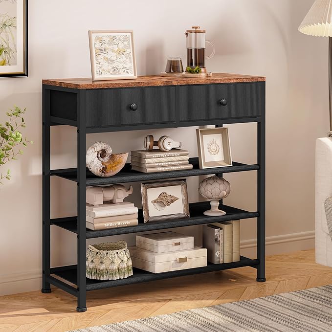 usikey Shoe Rack, 4 Tier Shoe Storage Organizer with 2 Drawers, Metal Shoe Shelf for 9-12 Pairs of Shoes, with 3 Oxford Fabric Shelves and Wooden Top, Shoe Stand for Closet Entryway, Black UNYXJX012H