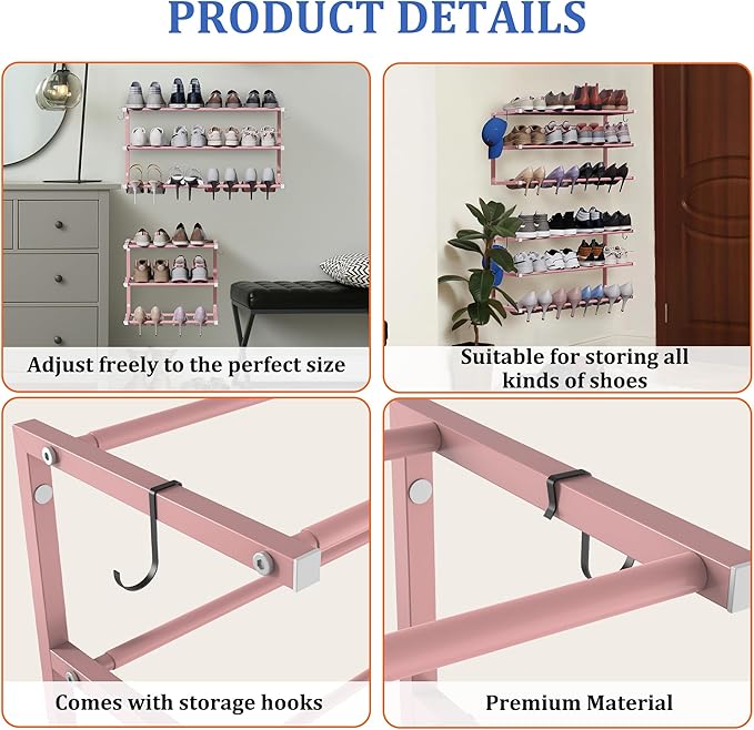 Wall Mounted Shoe Rack, 3 Tier Hanging Shoe Rack Holds 12 Pairs, 17"-30" Adjustable Heavy Duty Metal Shoe Organizer Holder with 2 Storage Hooks, Space Saving for Closet Entryway Doorway(Pink