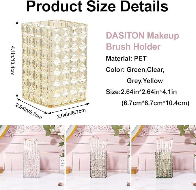 DASITON Makeup Brush Holder Organizer, Acrylic Makeup Brush Cup, Diamond Striped Make Up Brush Holder for Vanity, Bathroom Countertop, Toothbrush Holders, Pen Holder for Desk Storage (Yellow)