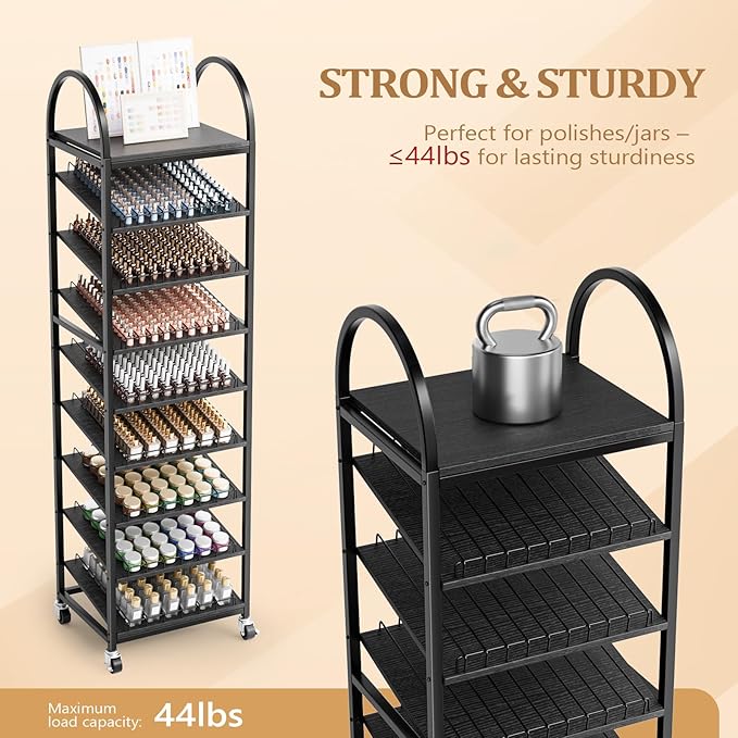 OmySalon Rolling Nail Polish & Powder Display Stand - 8 Tier Mobile Nail Salon Organizer Rack with Wheels, Holds 600 Bottles & 240 Jars for Nail Artists, Salon Display, Retail Store (Black)
