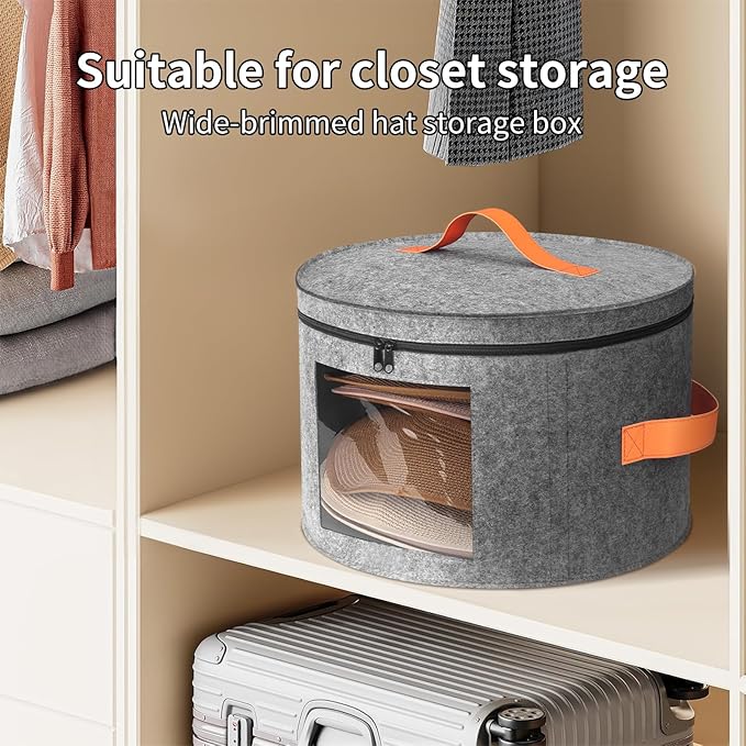 kushon Round Cowboy Hat Box for 6-9 Caps, Large Felt Hat Organizer Bag for Men & Women Storage, With Support, Foldable 16.5" D x 11" H Carrier