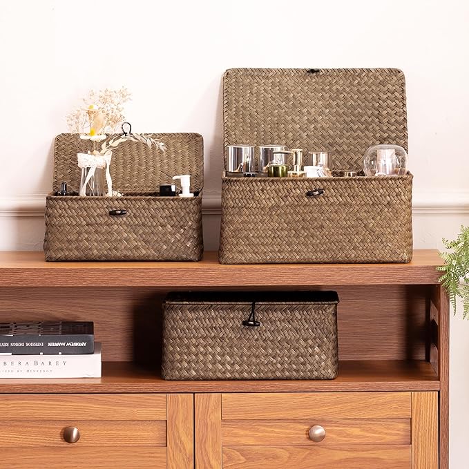 Nonam Small Basket with Lid, Natural Seagrass Bin with Lid, Shelf Baskets Multipurpose Container for Boho Decoration, Rectangular Household Storage Boxes for Home Organization-Coffee