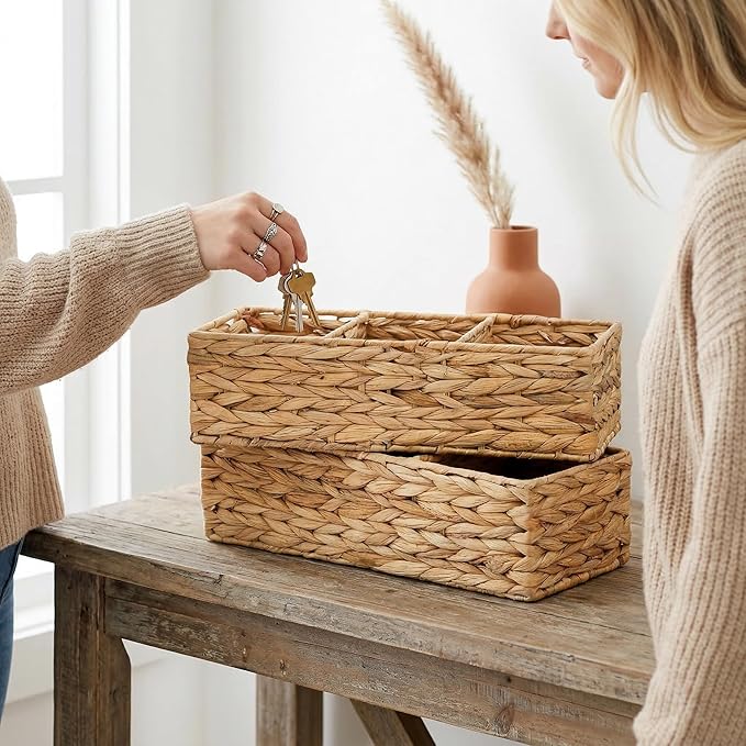 Pumtus 2 Pack 3-Section Woven Baskets, Water Hyacinth Storage Bin, Handwoven Desk Organizer, Toilet Paper Container, Rectangle Holder for Counter Top Toilet Tank Shelves Coffee Bar Pantry