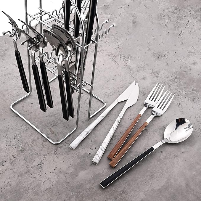24piece Silverware Set with Hanging Holder, Stainless Steel Tableware Set With Cutlery Storage Rack, Decent Gift Box For Housewarming, Party, Dining - Brown Silver, set of 6
