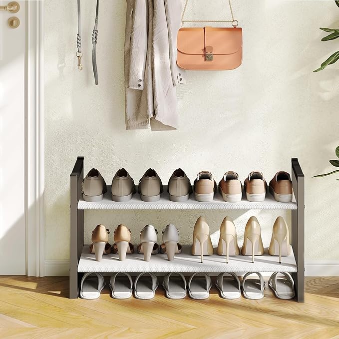 Shoe Rack for Closet & Entryway, Stackable Shoe Organizer, Screw-Fastened Metal Frame for Less Wobble, Heel-Friendly Non-Woven Shelves, 11.8" Deep Space-Saving Shoe Storage (Black, 2-1 Tier) (2-1)