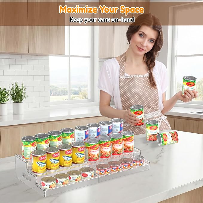 Yecuip Expandable Can Rack Organizer for Pantry, 3-Tier Adjustable Can Storage Holder, Holds Up to 24 Cans, Acrylic Canned Food Organizer for Cabinet, Countertop, Kitchen