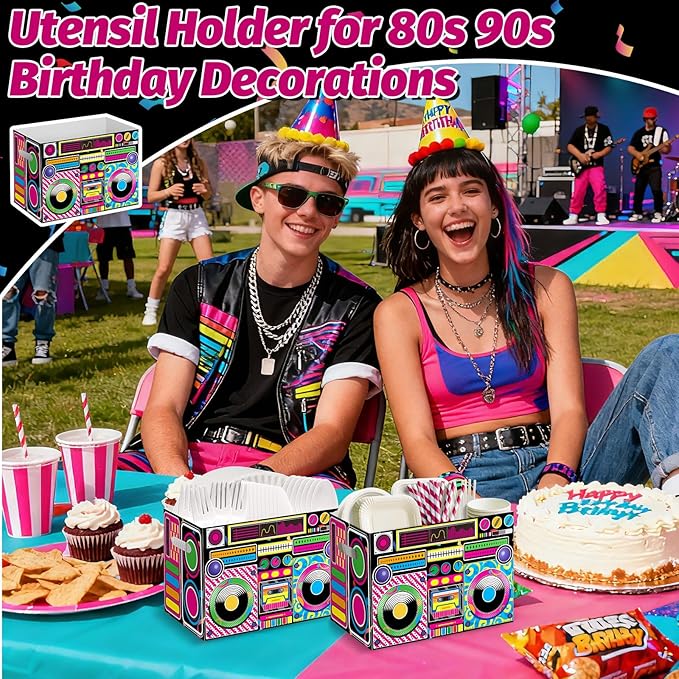 2PCS Boom Box Utensil Holder Retro Radio Utensil Caddy for 80s 90s Party Decorations Paper Cutlery Holder with Handles for Hip Hop Birthday Party Supplies Disposable 1980s 1990s Disco Cutlery Caddy