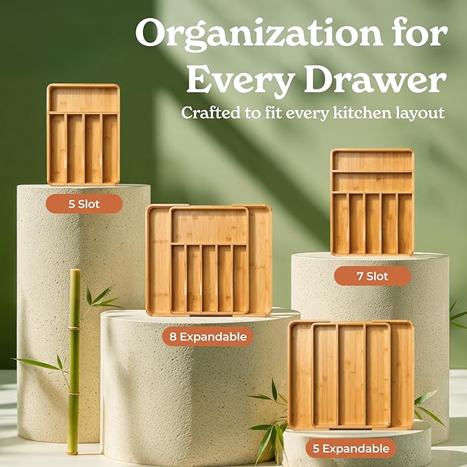 SMIRLY Silverware Drawer Organizer – Bamboo Kitchen Drawer Organizer, Adjustable Utensil Holder and Cutlery Tray, Drawer Dividers for Flatware and Kitchen Utensils | Adjustable