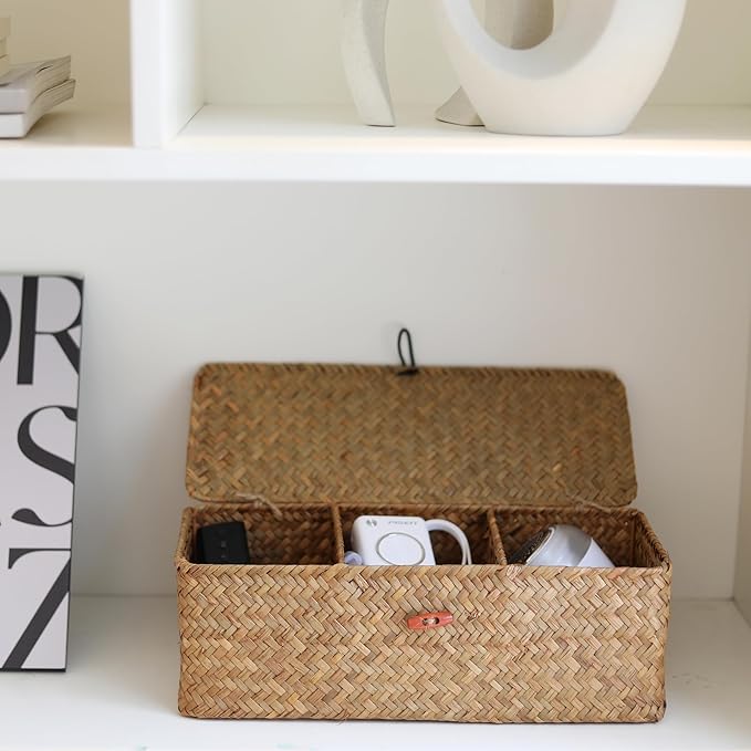 Seagrass Toilet Tank Basket with Lid Bathroom Toilet Paper Storage Baskets with 3 Sections for Organizing (16.5 x 5.5 x 5.5 inch)