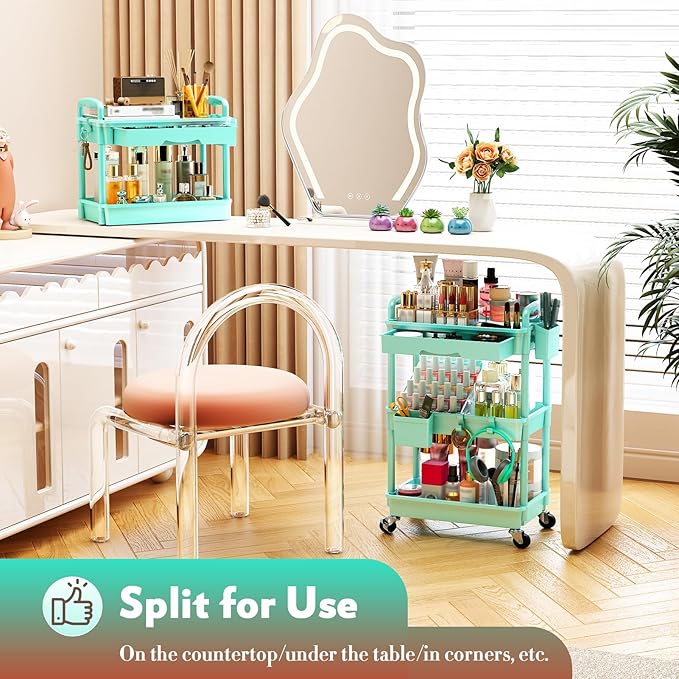 SUNALLY Makeup Cart Organizer with Drawers, Floor Skincare Organizers Vanity Storage Organizer, Rolling Makeup Bathroom Storage Cart Cosmetics Display Cases for Skin Care Perfume Nail Polish, Blue